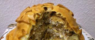 Kefir jellied pai med kjøttdeig, oppskrift med bilde